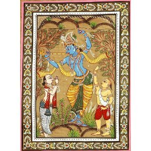 A miniature-style devotional painting of Krishna with His cowherd friends Sridama and Madhumangala in Vrindavana.