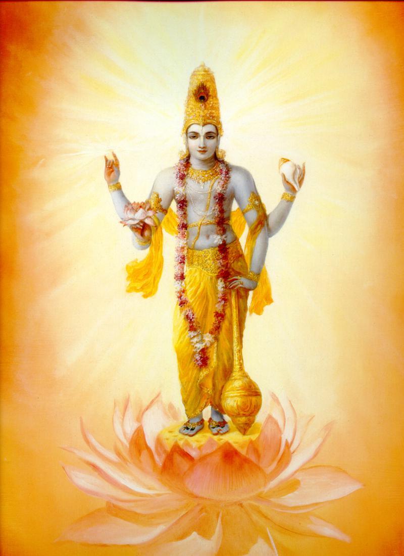 A devotional painting of Kshirodakasayi Vishnu, the form later devotees associate with Nityananda Prabhu's son Virachandra Prabhu, whose birth Abhirama Thakura is remembered for testing before composing Sri Virabhadrastakam in his honor.