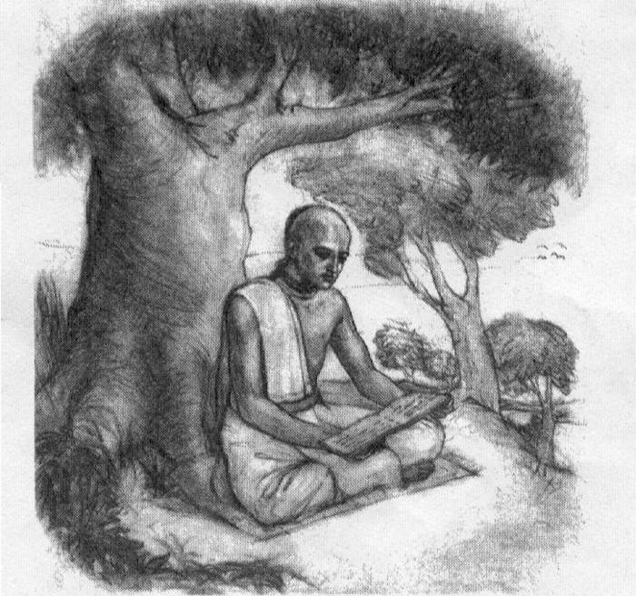 A devotional sketch of Baladeva Vidyabhusana seated in meditation beneath a tree, composing the Govinda-bhashya