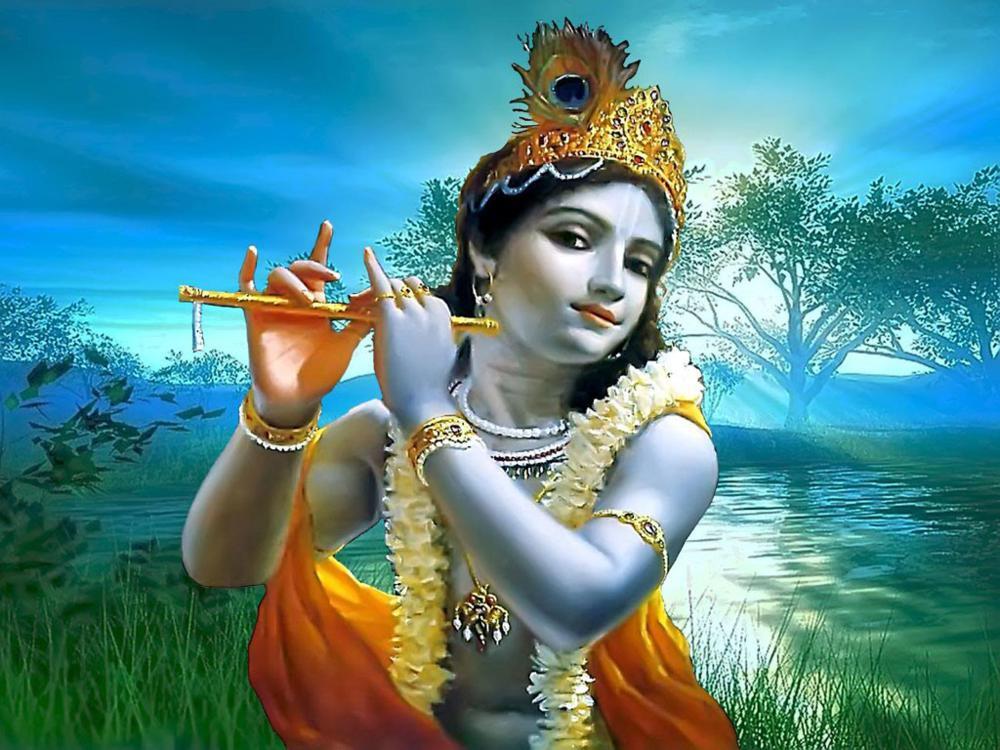 A devotional painting of Sri Krishna playing His flute — the beauty Bilvamangala judged too dangerous to his vairagya, the reason given in tradition for his self-blinding.