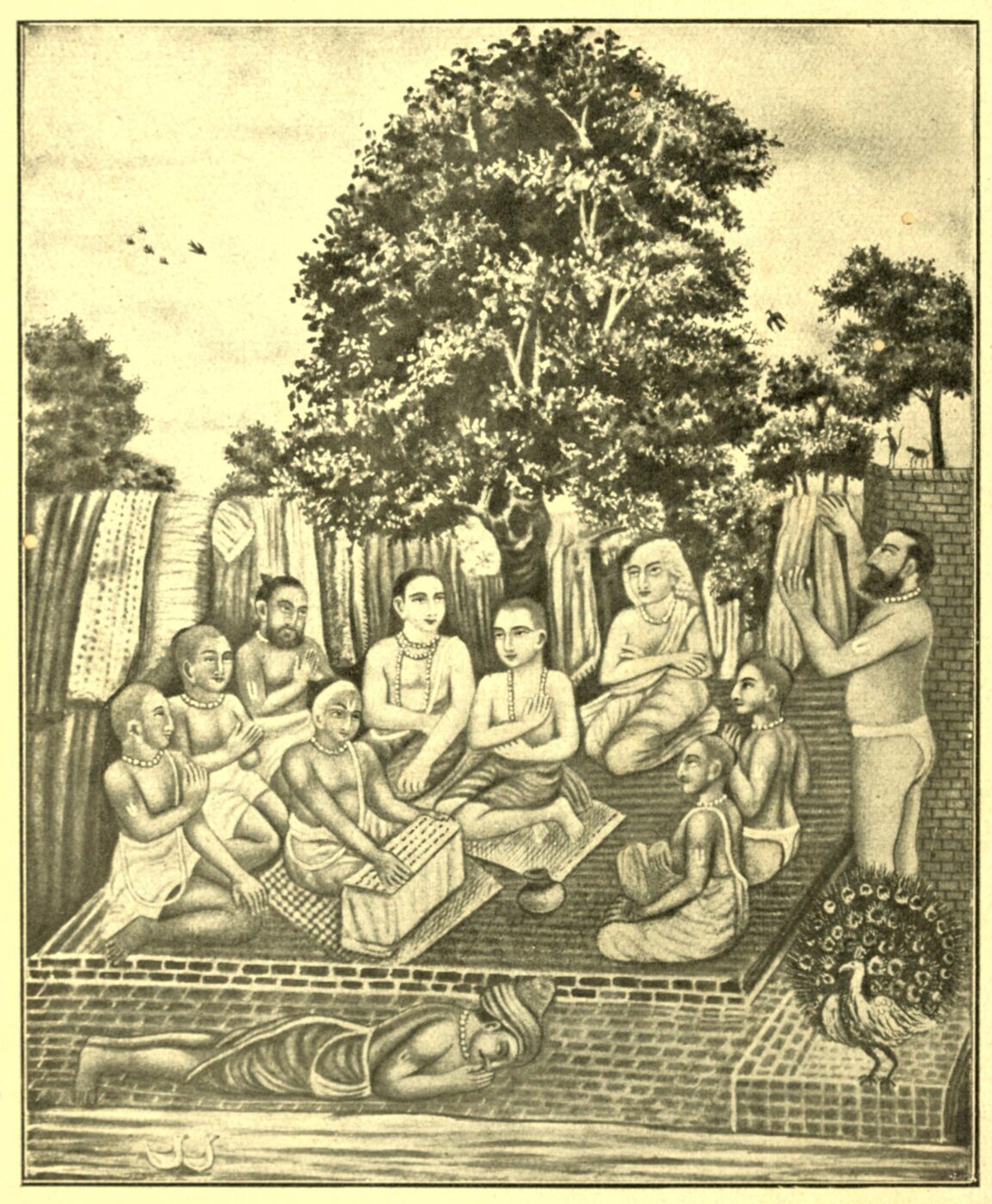 Monochrome plate from Jadunath Sarkar's 'Chaitanya's Life and Teachings' (1922): Nimai seated on a courtyard terrace among brahmana scholars and students with palm-leaf manuscripts and a writing board, under a large tree beside the Ganga; a