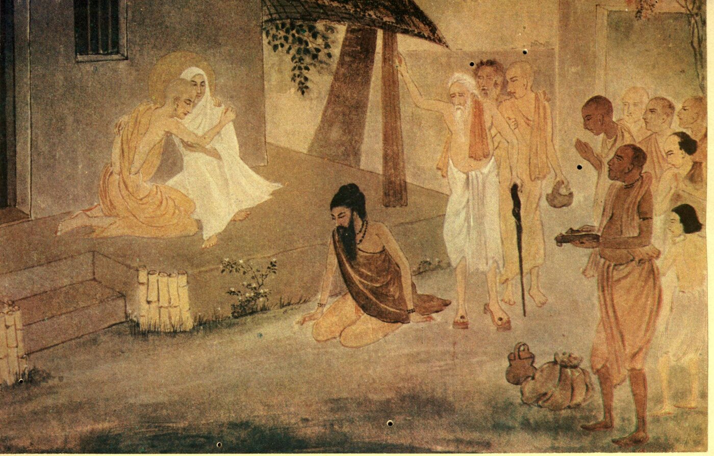 Bengal-school colour plate from Jadunath Sarkar's 'Chaitanya's Life and Teachings' (1922): a domestic scene outside a Nabadwip house - two women in white seated on the verandah (mother Sachi and Vishnupriya in the traditional reading), a de