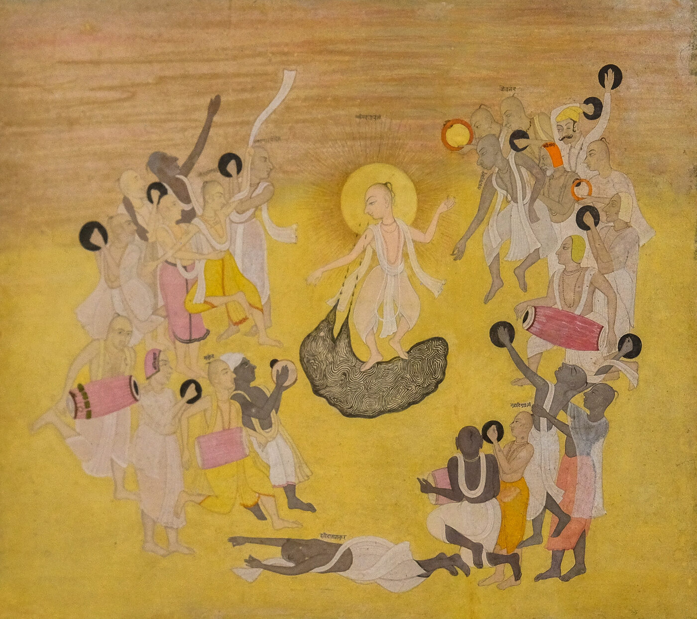 A Kishangarh painting of about 1750 showing Sri Chaitanya Mahaprabhu dancing in ecstasy surrounded by his associates; the inscriptions name Nityananda Prabhu, Haridasa Thakura, Murari Gupta and Rupa Gosvami among the figures.