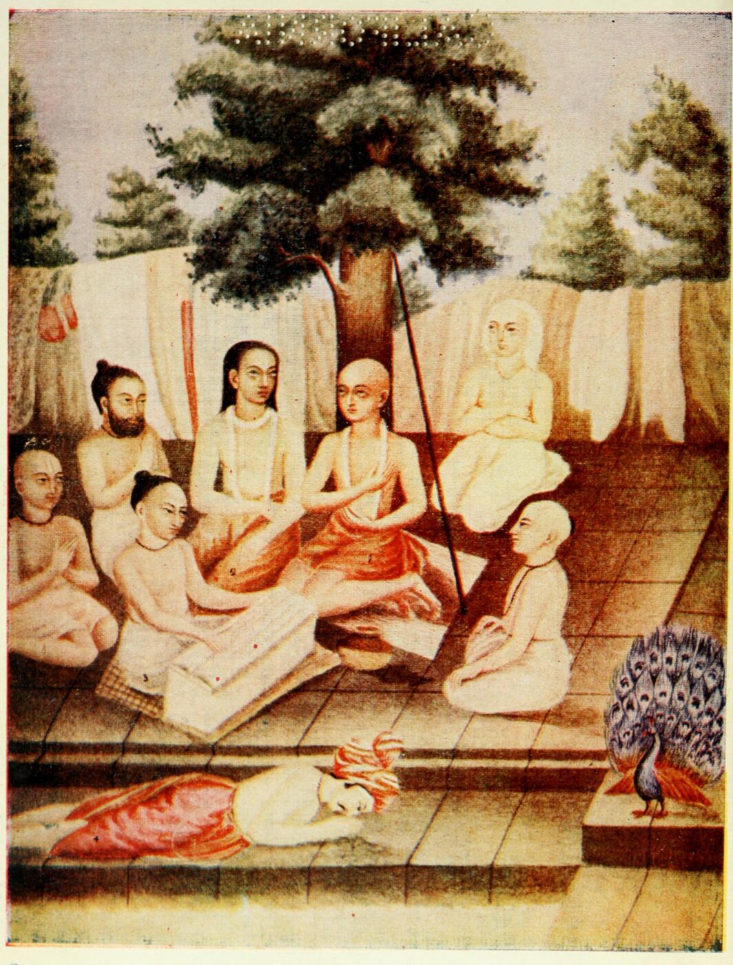 Colour plate 'Chaitanya Deva listening to the Bhagabata': Mahaprabhu as a young sannyasi seated with His danda amid Advaita, Nityananda and other associates on a raised courtyard, palm-leaf manuscripts before them, a devotee prostrate in fr