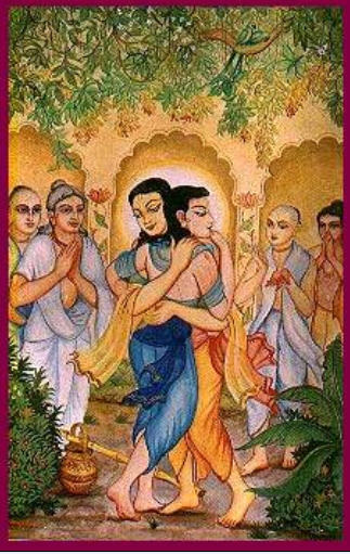 Traditional devotional painting of Sri Chaitanya Mahaprabhu embracing Nityananda Prabhu, with associates looking on — the reunion scene at Alalanath when Damodara Pandit, Jagadananda Pandit and Mukunda Datta rushed with Nityananda Prabhu to