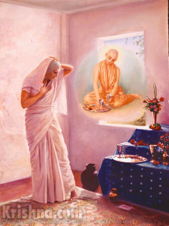 Traditional devotional painting titled "Mother Sachi Sees Foodstuffs Had Been Eaten By Chaitanya Mahaprabhu" — Sachi Devi realizing, through a vision, that Sri Chaitanya Mahaprabhu had again come and eaten her offering to Krishna, the confi