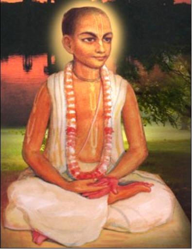 A devotional painting of Narottama Dasa Thakura seated by a riverbank at dusk — the lead image used on Gaudiya History's own biography page for Ganga Narayana Chakravarti, captioned there as a portrait of Narottama Dasa Thakura himself rath