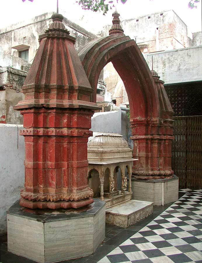 A Mughal-era style samadhi shrine within the Radha Raman temple complex in Vrindavana, the tradition's memorial architecture for the Goswamis of Vrindavana including Gopala Bhatta Goswami.