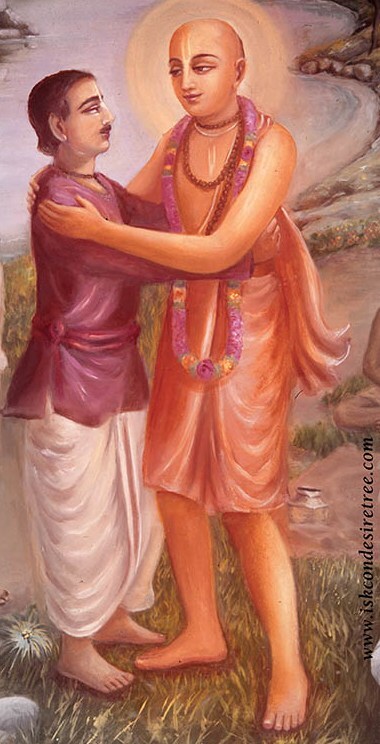 A devotional painting of Sri Chaitanya Mahaprabhu embracing a devotee (captioned on its source page as Ramananda Raya) — the same gesture of embrace Sri Chaitanya-charitamrita (Antya-lila 9.128) records Mahaprabhu giving Bhavananda Raya and
