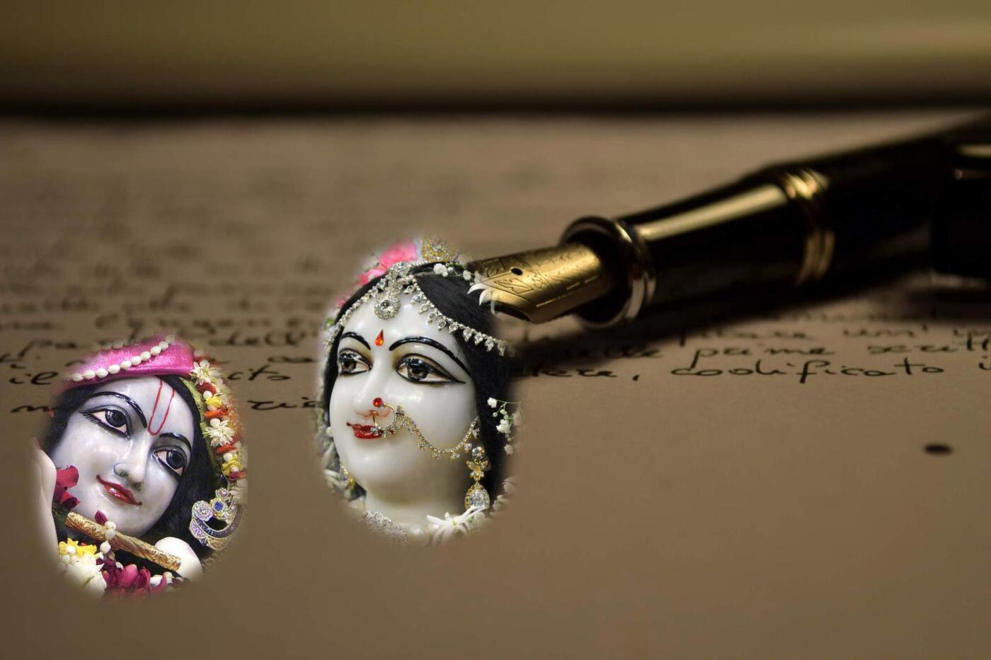 Devotional artwork of Govinda Dasa Kaviraja composing kirtanas after Jiva Goswami's praise of Bhajahu Re Mana, set against a wallpaper of Sri Sri Radha Gopinath, ISKCON Chowpatty, Mumbai.
