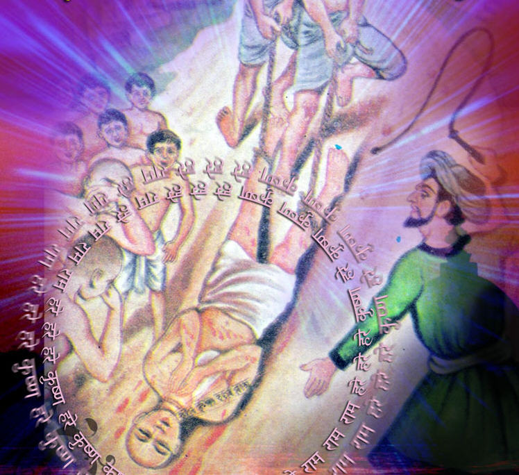Devotional painting depicting Haridasa Thakura being caned by order of the qazi while devotee boys look on in distress, illustrating his beating in twenty-two marketplaces.