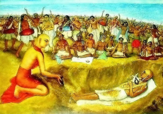 Devotional painting of Sri Chaitanya Mahaprabhu personally covering Haridasa Thakura's body with sand on the seashore at Puri, surrounded by chanting devotees.