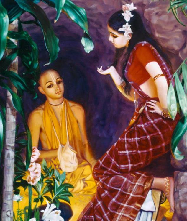Painting of Haridasa Thakura seated in his cottage, chanting, as the courtesan sent by Ramachandra Khan approaches him at the door.