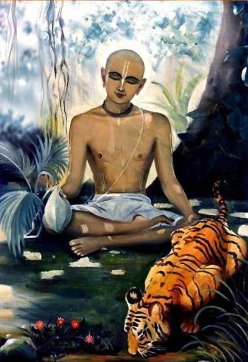 Painting of Haridasa Thakura absorbed in chanting outdoors, undisturbed even by a wild animal nearby, illustrating the fearlessness the tradition attributes to his early, solitary years of chanting.
