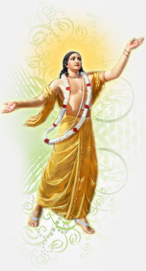 A devotional painting of young Nimai Pandita (Sri Chaitanya Mahaprabhu) in an ecstatic mood, arms raised, illustrating the signs of love of Godhead that appeared immediately after His initiation