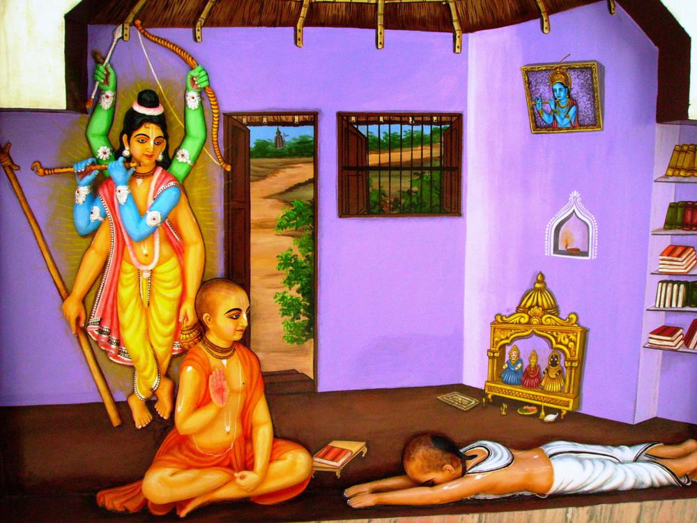 Devotional painting of Sarvabhauma Bhattacharya's vision of Sri Chaitanya Mahaprabhu's six-armed form, the occasion on which Jagadananda Pandita carried Sarvabhauma's verses of praise to the Lord.