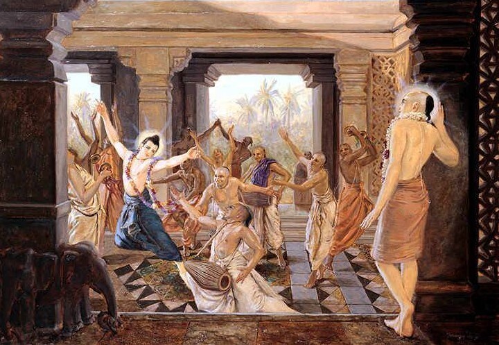 A devotional painting of ecstatic sankirtana in a Gaudiya Vaishnava temple courtyard, illustrative of the kirtana Jahnava Devi directed at the Kheturi festival (not a period depiction of Kheturi itself).