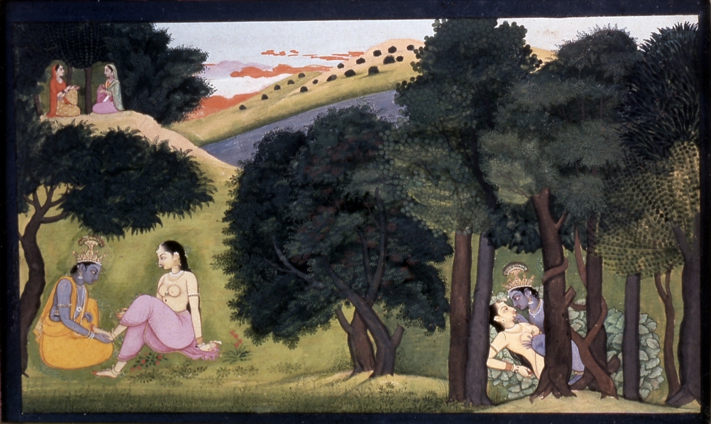 "Final Adornment," a folio from a Gita Govinda manuscript series held by the Walters Art Museum, showing Radha and Krishna's reunion attended by Her companions.