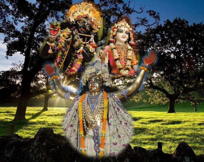 A modern devotional composite image of Sri Sri Radha-Madhava's deity forms set against a Vrindavana-style pasture, reflecting the Gita Govinda's continuing influence on contemporary Vaishnava art.