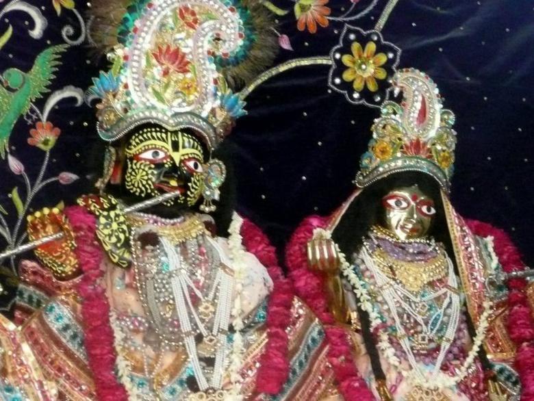 Deities of Sri Sri Radha-Madhava richly dressed, the form of the Lord whose pastimes Sri Chaitanya Mahaprabhu relished hearing described in Jayadeva's verses.