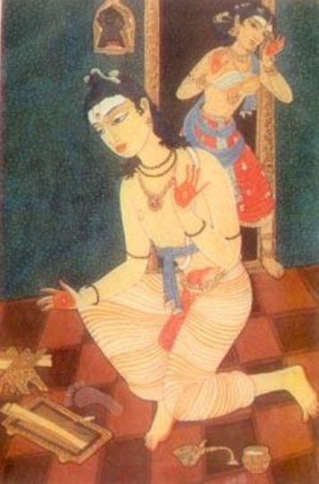A traditional Gita Govinda-style miniature painting of Radha at Her toilette, being adorned by a sakhi — the shringara mood central to several of Jayadeva's ashtapadis.