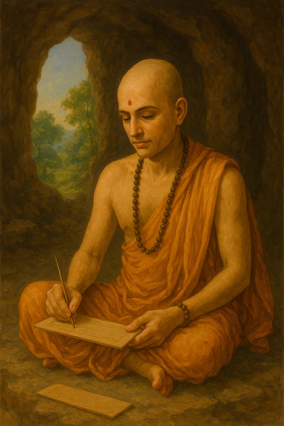 A modern devotional portrait of Sri Jayatirtha, seated in the ochre robes of a Dvaita Vedanta sannyasi.