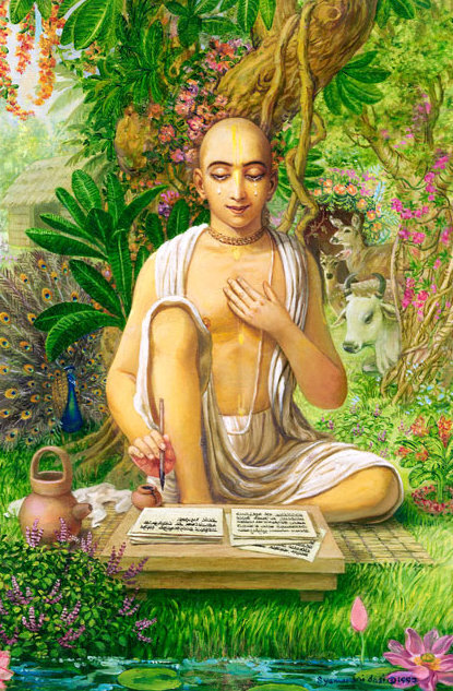 A devotional painting of Srila Jiva Goswami seated in a forest grove, writing on palm leaf with a peacock, deer and cow nearby, evoking his life of scholarship in Vrindavana.