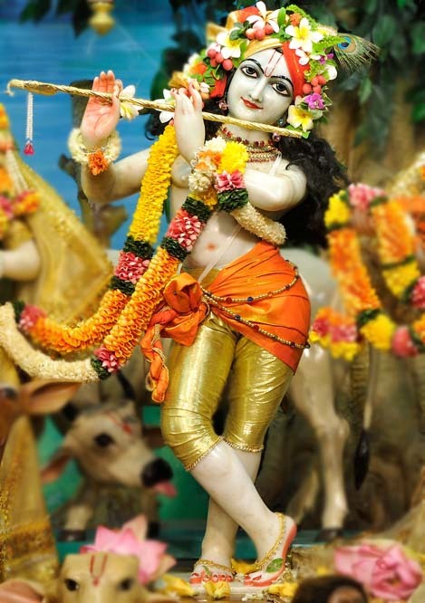 A close-up devotional photograph of Sri Gopinath, the Deity at ISKCON Chowpatty, Mumbai — used on Gaudiya History's own biography of Kavi-karnapura to evoke the subject of his very first composed verse, glorifying Krishna as the ornament of