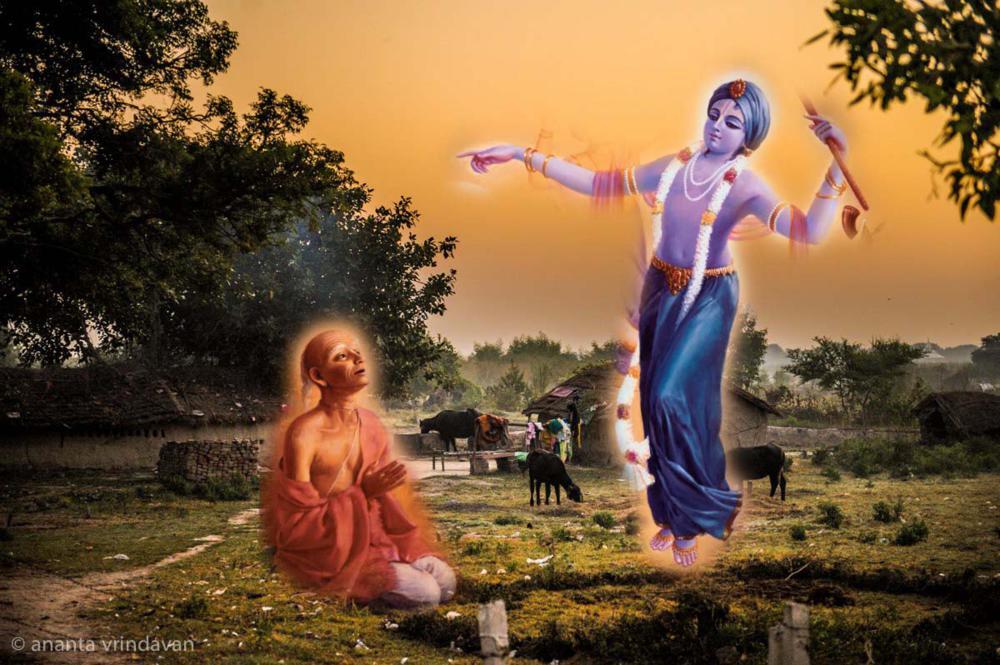 Devotional artwork depicting Nityananda Prabhu appearing to Krishnadasa Kaviraja Goswami in a dream-vision and ordering him to go to Vrindavana.