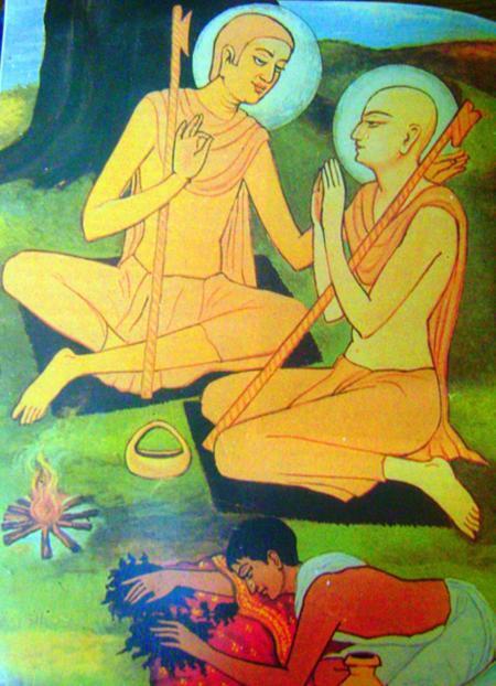 A devotional painting placed alongside gaudiyahistory.iskcondesiretree.com's account of the Madhyama-khanda chapter of Sri Chaitanya-mangala describing Srivasa Thakura and Murari Gupta's visit to console Sri Chaitanya Mahaprabhu after He ac