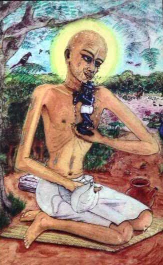 A traditional devotional painting of a barefoot renunciant absorbed in worship of a small hand-held Deity, evoking the practice for which Lokanatha Gosvami became renowned — carrying his own Radha-Vinoda Deity in a cloth bag wherever he wen