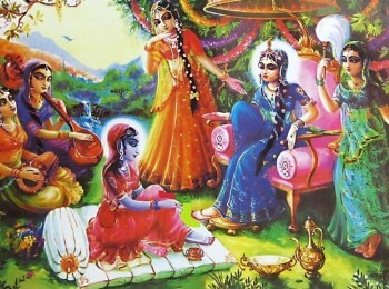 A traditional Gaudiya Vaishnava painting of gopi companions attending Srimati Radharani in Vraja — representing the mood of the Ghosh brothers' own eternal identities as singing gopi companions of Vishakha-gopi.
