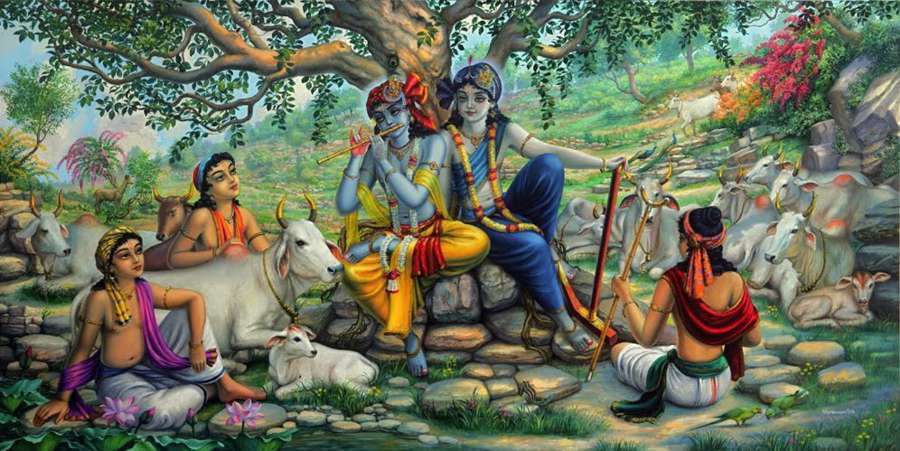 Traditional devotional painting of Krishna and Balarama with Their cowherd friends in Vraja -- the identity (Mahabahu) the Gaura-ganoddesha-dipika assigns to Mahesh Pandit before his appearance in Sri Chaitanya Mahaprabhu's own pastimes.