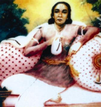 Traditional portrait of Pundarika Vidyanidhi reclining against bolster cushions, the very image of worldly opulence that Gadadhara Pandit misjudged before Mukunda Datta's recitation revealed the devotion beneath it.