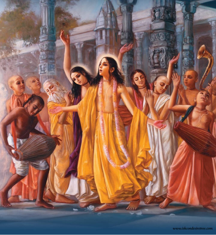 Traditional painting of Sri Chaitanya Mahaprabhu dancing in sankirtana with mridanga and karatalas, the setting of Mukunda Datta's kirtana leadership at Srivasa Angana.