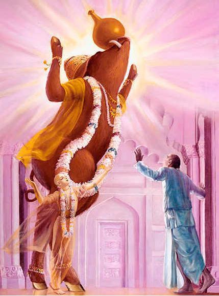 Devotional painting of Sri Chaitanya Mahaprabhu revealing His Varaha (boar incarnation) form at Murari Gupta's own house, the pastime described in Sri Chaitanya-charitamrita, Adi-lila 17.19.