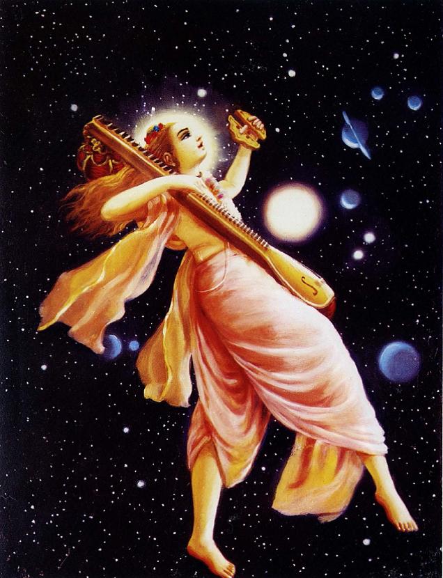Narada Muni playing the vina while traveling among stars and planets in outer space