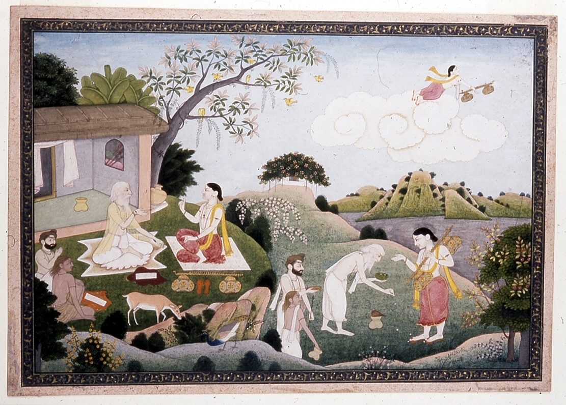 Narada Muni, vina at his side, conversing with the elderly sage Valmiki at his hermitage, in a painting of about 1775-1800 held by the Walters Art Museum.