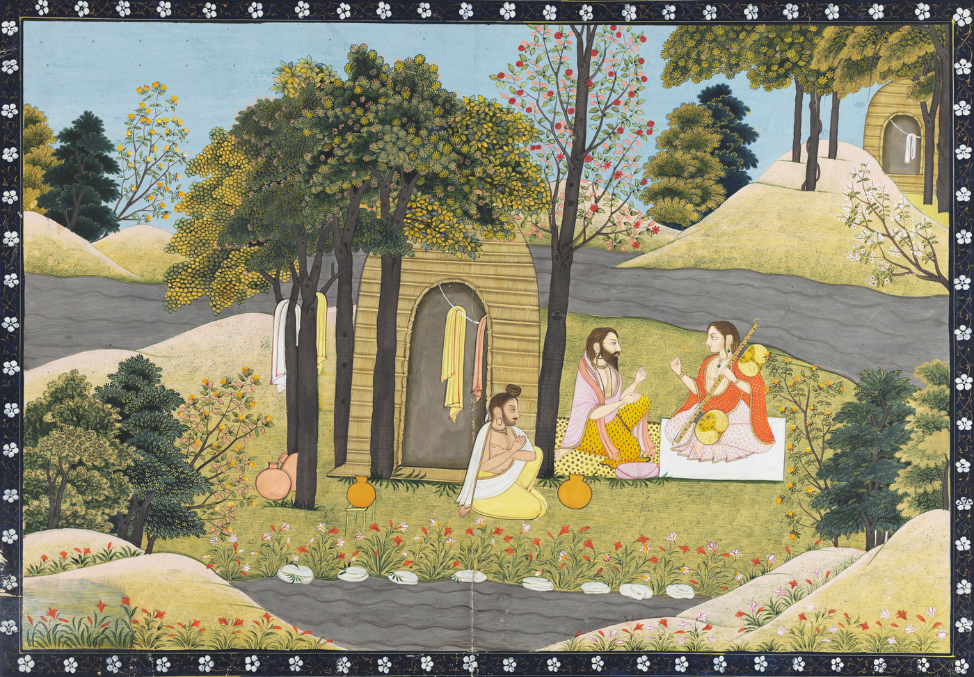 An early 19th-century Kangra-style painting (National Museum, New Delhi) of Narada Muni, vina beside him, seated in conversation with the sage Valmiki at his forest hermitage.