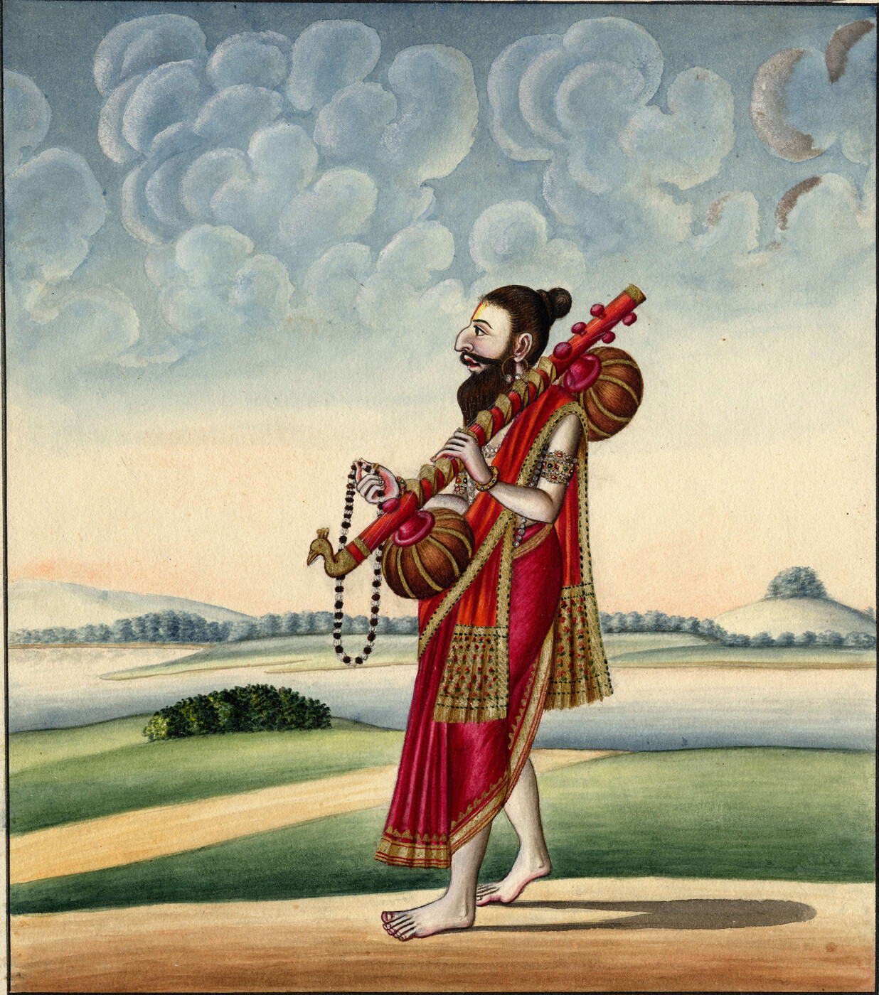 Narada Muni walking with his vina and a strand of japa beads, in an early 19th-century Indian watercolour held by the British Museum.