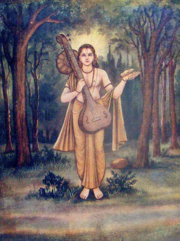 A 1940s devotional print of Narada Muni walking through the forest with his vina.