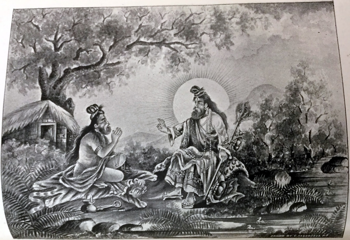 An illustration from an early printed edition of the Bhagavata Purana depicting Narada Muni's meeting with Vyasadeva.