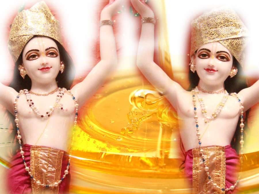 Devotional artwork of Sri Sri Gaura-Nitai evoking the Madhu-pushkarini pastime, in which a pond near Narahari Sarkar Thakura's home at Srikhanda turned to honey for Nityananda Prabhu.