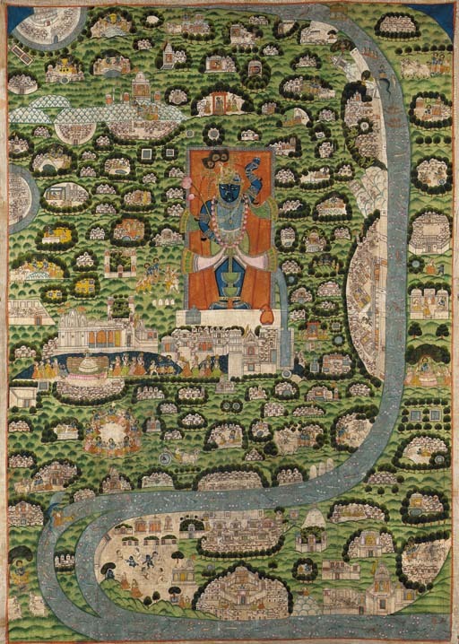 A 19th-century pichhavai (painted temple hanging) depicting the Vraj Parikrama, showing Krishna as Shrinathji amid the pilgrimage route Narayana Bhatta Goswami helped map.