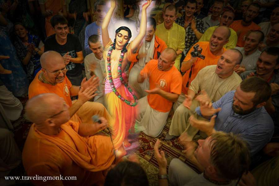 A contemporary congregational nagara-sankirtana with devotees dancing before the Deities, illustrative of the kirtana tradition Narottama Dasa Thakura helped establish and that filled the Kheturi festival — not a period depiction of the his