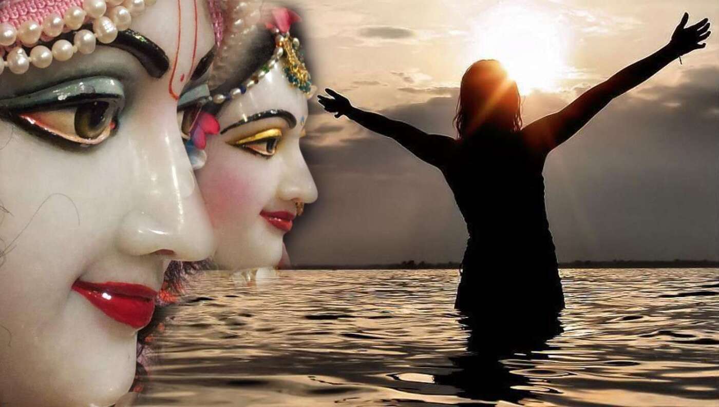 A symbolic composite image of Radha-Krishna Deities beside a devotee at a riverbank at sunset, evocative of the traditional account of Narottama Dasa Thakura's final sankirtana beside the Ganges-Padma near Kheturi.