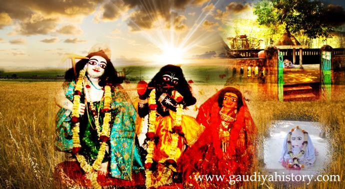 A composite devotional image showing the Radha-Gopinatha Deities of Atapur against a view of the temple courtyard where Parameshvara Dasa's samadhi stands among bakula and kadamba trees.