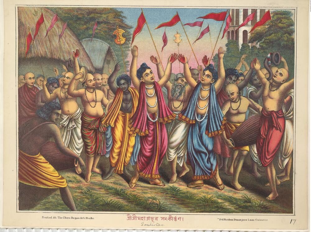 Chore Bagan Art Studio colour lithograph c.1895, lettered in Bengali 'Sri Sri Mahaprabhur Sankirtana': Chaitanya (in red) and Nityananda (in blue) at the centre with arms raised, surrounded by devotees dancing with karatalas and mridanga, r