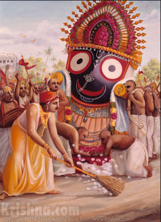 A traditional devotional painting of King Prataparudra sweeping the Ratha-yatra road with a golden-handled broom before Lord Jagannatha's chariot.