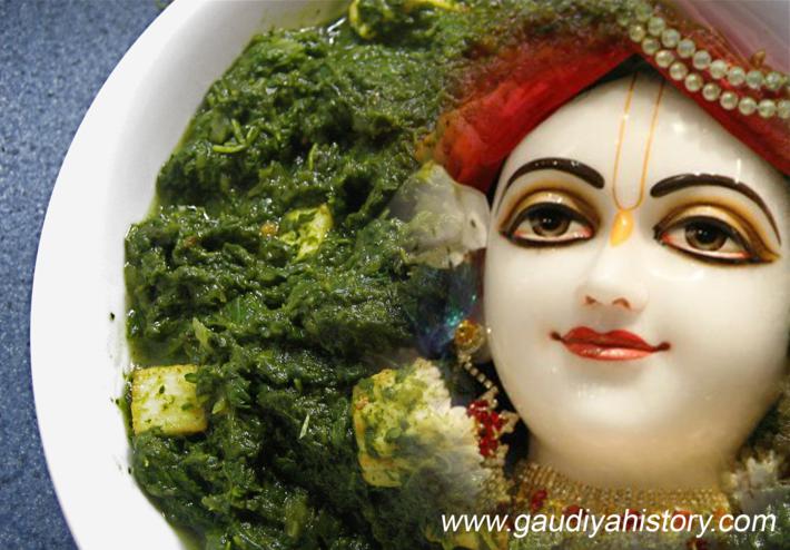 A spinach preparation offered to the Deity, recalling the spinach dishes for which Raghava Pandit's kitchen was traditionally remembered.